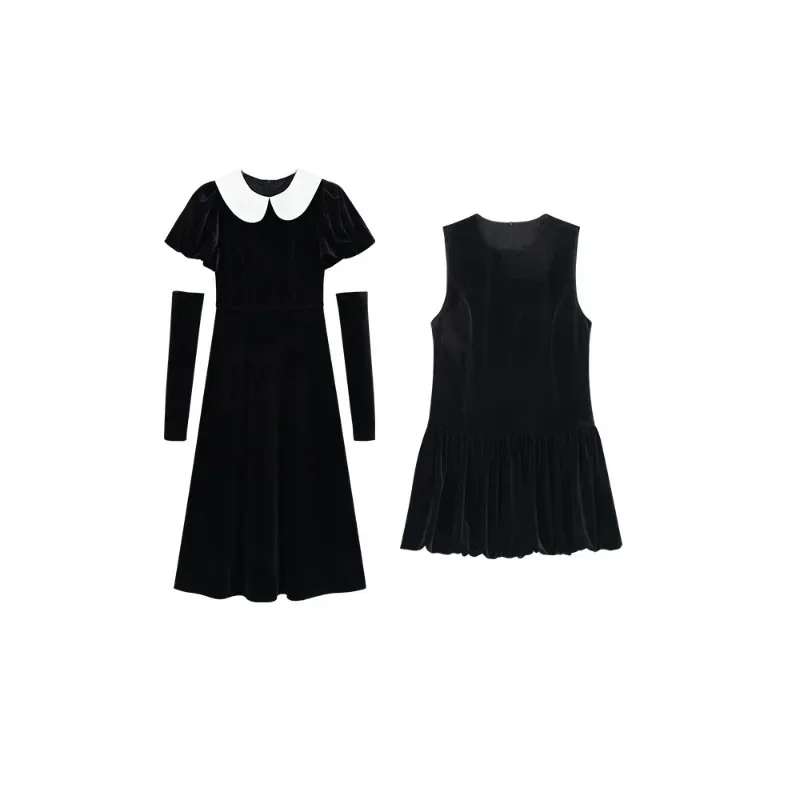 Elegant Black Velvet Doll Collar Dress Women Spring Slim Fit Waist Covering Flowing Midi Dress Chic Retro Long Sleeve Outfit