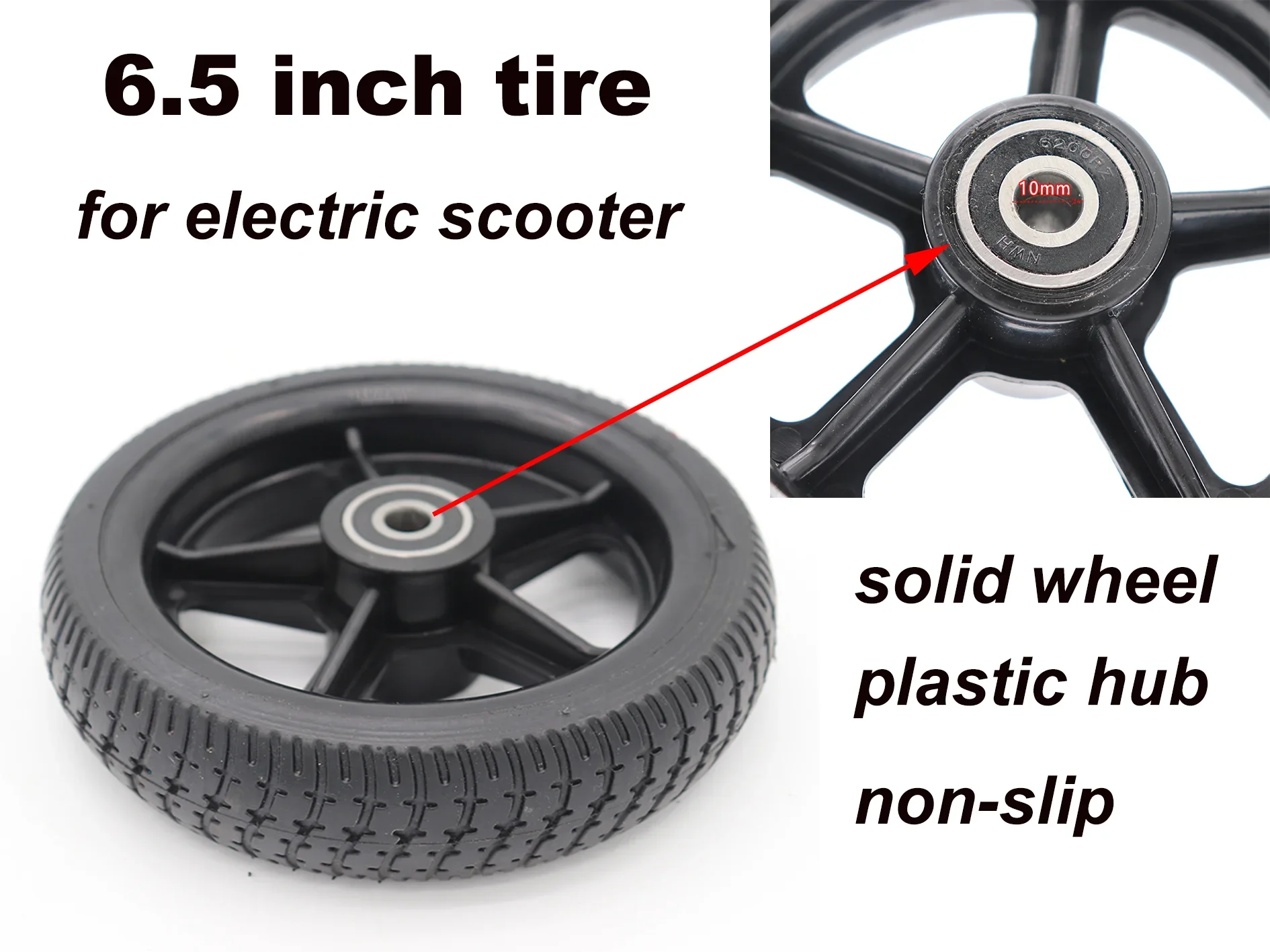 6.5 inch tire non-slip solid tires parts of electric bike motorcycle with non pneumatic rubber wheel and plastic hub