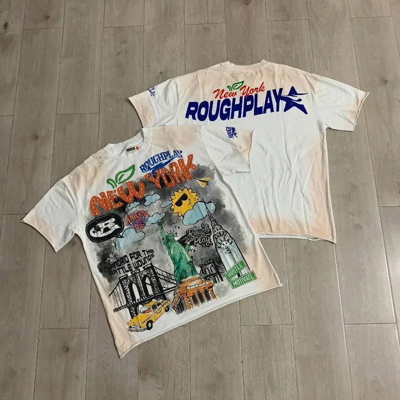 Rough Statue of Liberty Print T-Shirt Men Women White Washed American Vintage Hot Drill Shirts