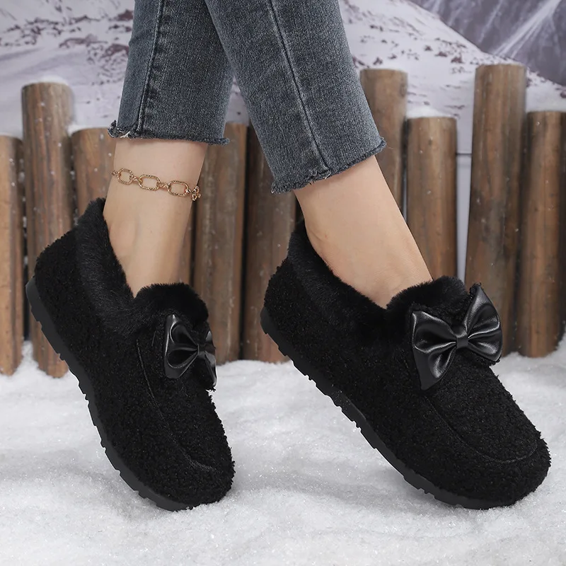 Chaussures d'hiver chaudes pour femmes, mocassins en polaire avec nœuds, antidérapants, semelle souple, décontractées, pour le quotidien, extérieur, mode élégante, chaussures plates