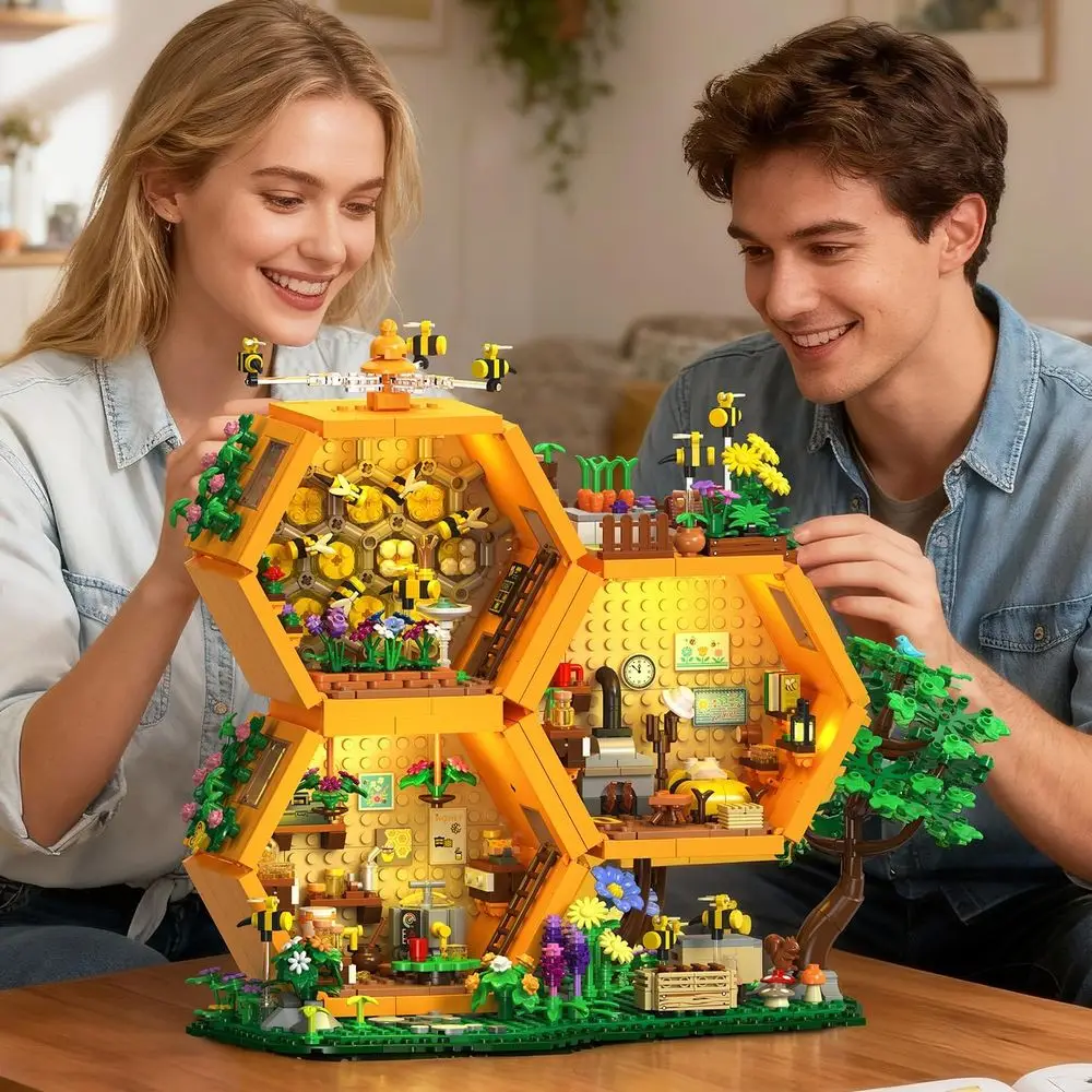 ライト付き蜂の巣ビルディングキット、1704ピースのハニーキャビンブロックセット、花、動物、ツリーハウス付き、大人と12歳以上の子供向け