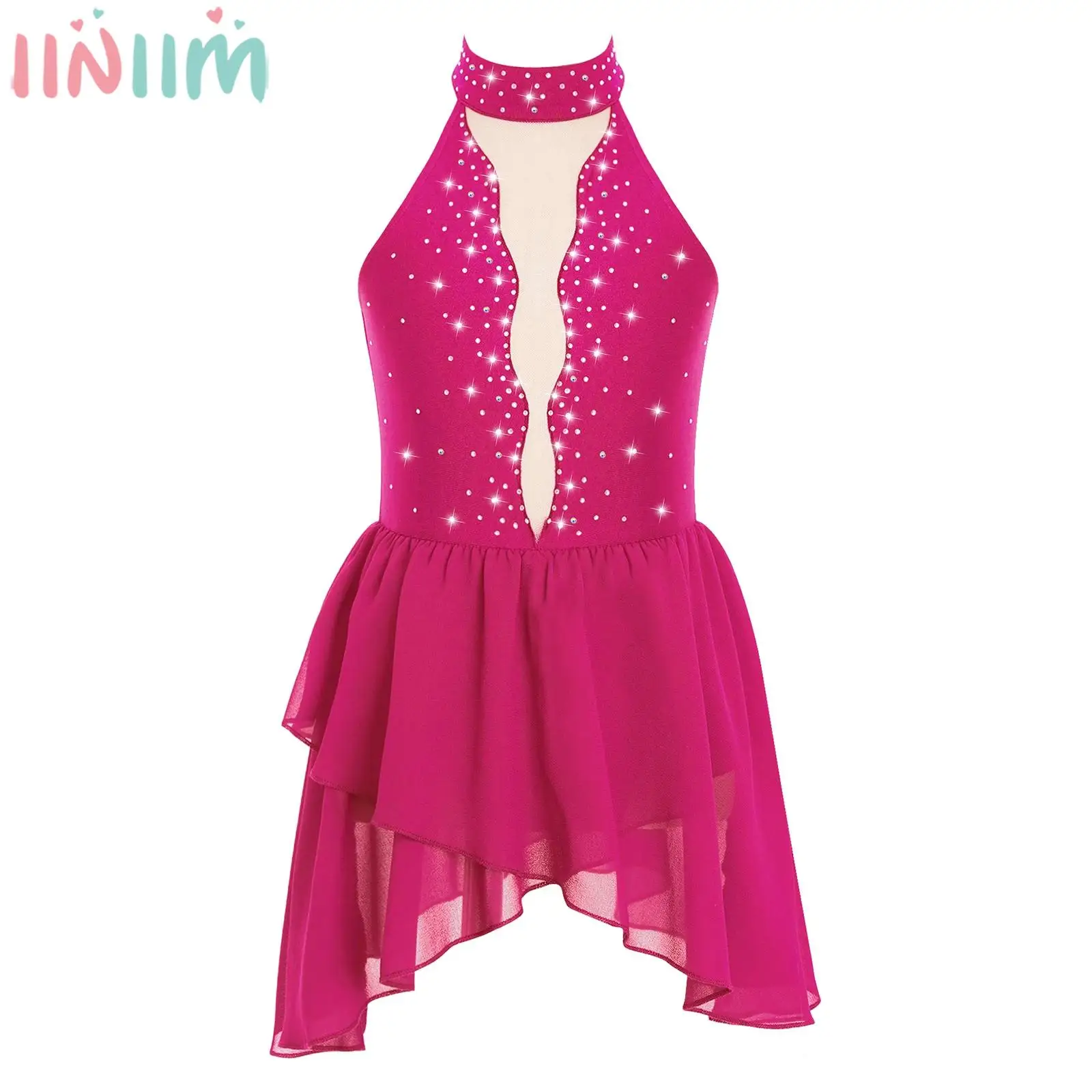 

Kids Girls Figure Skating Performance Gymnastics Costume Modern Lyrical Dance Dress Sleeveless Rhinestone Mesh Leotard Tutu