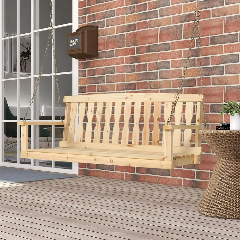 Balançoire de porche suspendue en bois pour 2 personnes, banc de patio avec dossier incurvé, terrasse et balançoire de jardin, naturel, 46