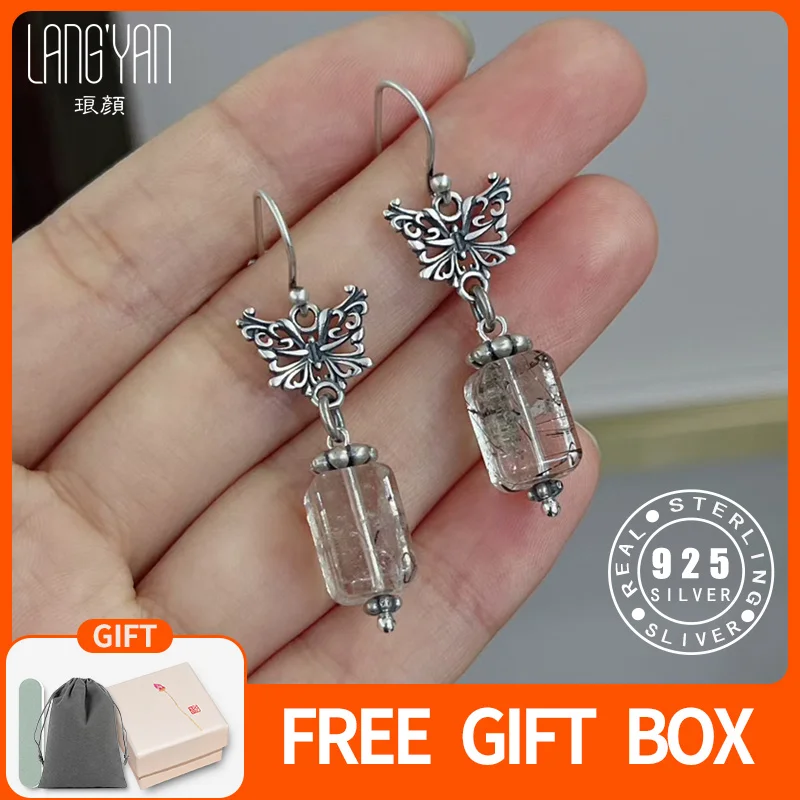 

Langyan Rectangle Black Rutilated Quartz Earrings Women Handmade Vintage 925 Sterling Silver Butterfly Earrings Fine Jewelry
