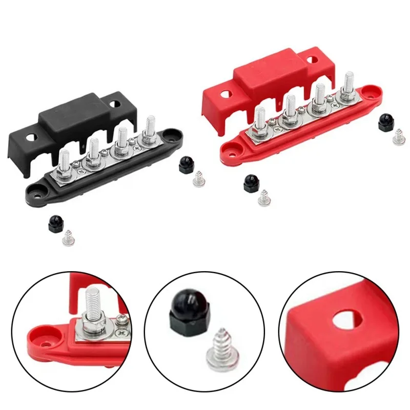 12V-48V 250A Bus Bar Terminal Battery Power Distribution Block With Cover M8 M10 Screw 4 for Automobile Boat RV Truck