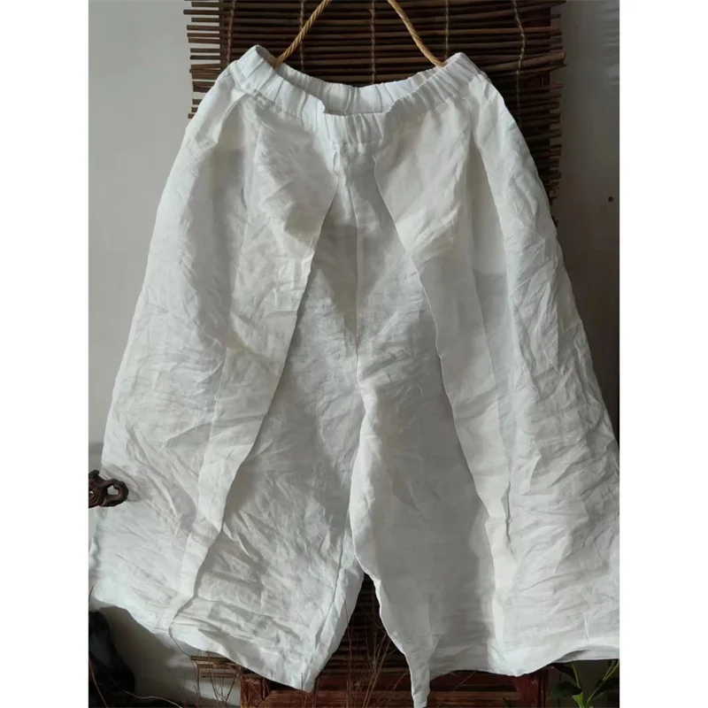 

Elastic Waist Ankle Length Wide Legs Pants Women Summer Loose Cotton Ramie Trousers Literary Pockets Casual Pants