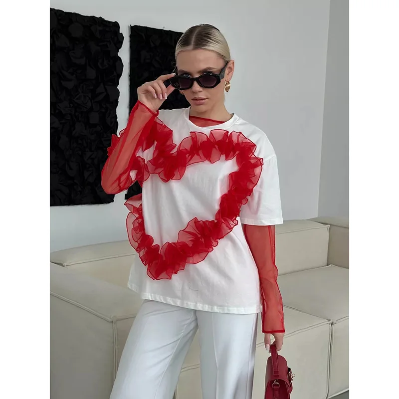 Women's Heart-shaped Organza Pleated Splicing T-shirt With Round Neck And Loose Fit Comfortable To Wear