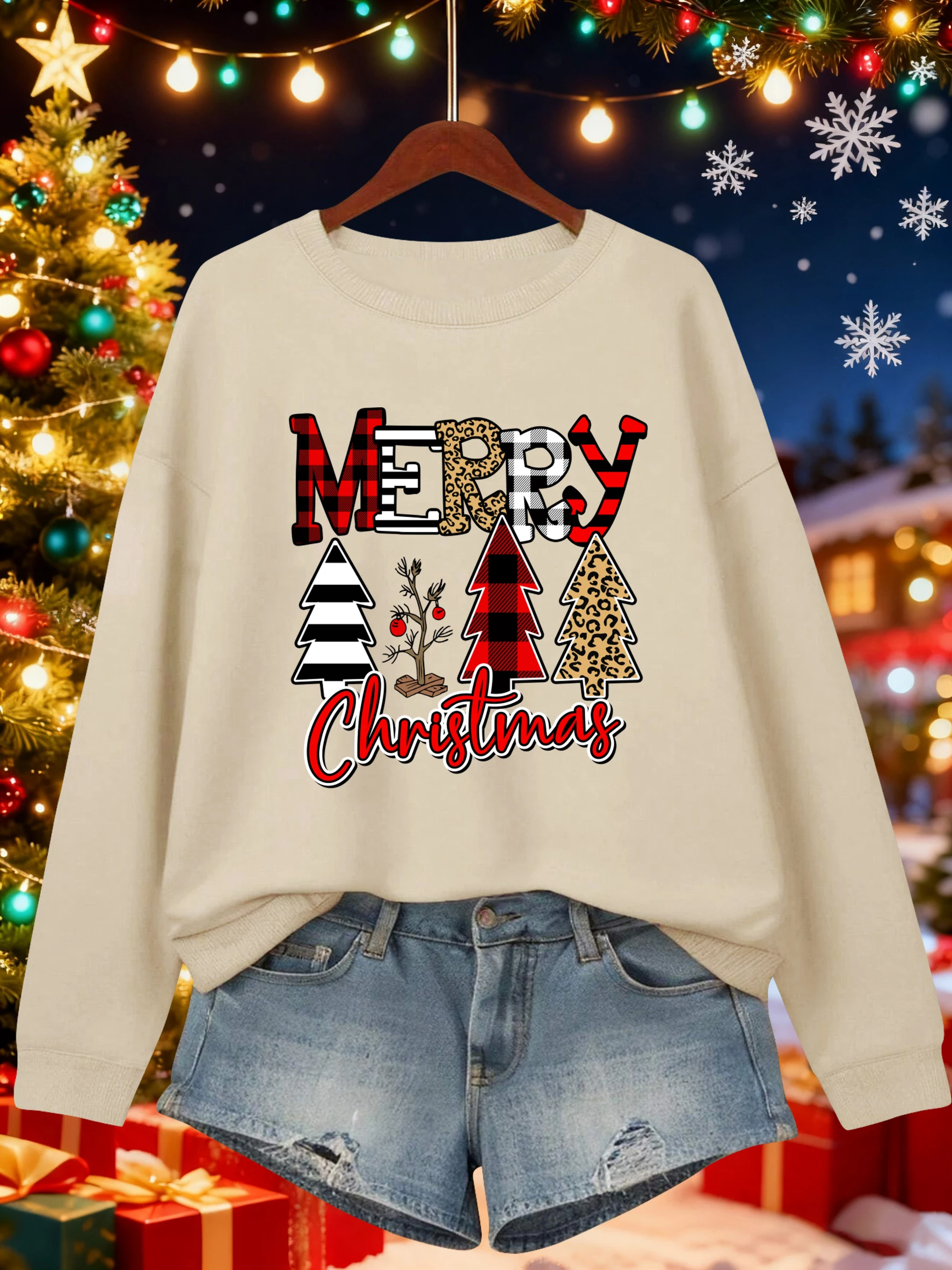 Merry Christmas Happy Trees Pattern Women Sweatshirt Fleece Crewneck Clothes All-Match Streetwear Loose Multicolor Pullover