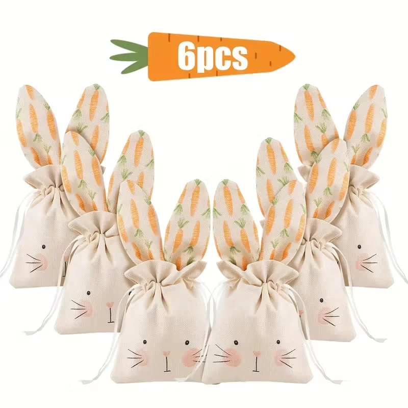 

6/1Pcs Easter Bunny Linen Gift Bags Rabbit Carrot Sweet Candy Snack Bags with Drawstring for Easter Party Decoration Kids Favors