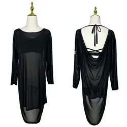 New Latin Dance Mesh Backless Loose Black Dress Long Sleeves Practice Clothes Women Rumba Modern Dance Clothing Adult