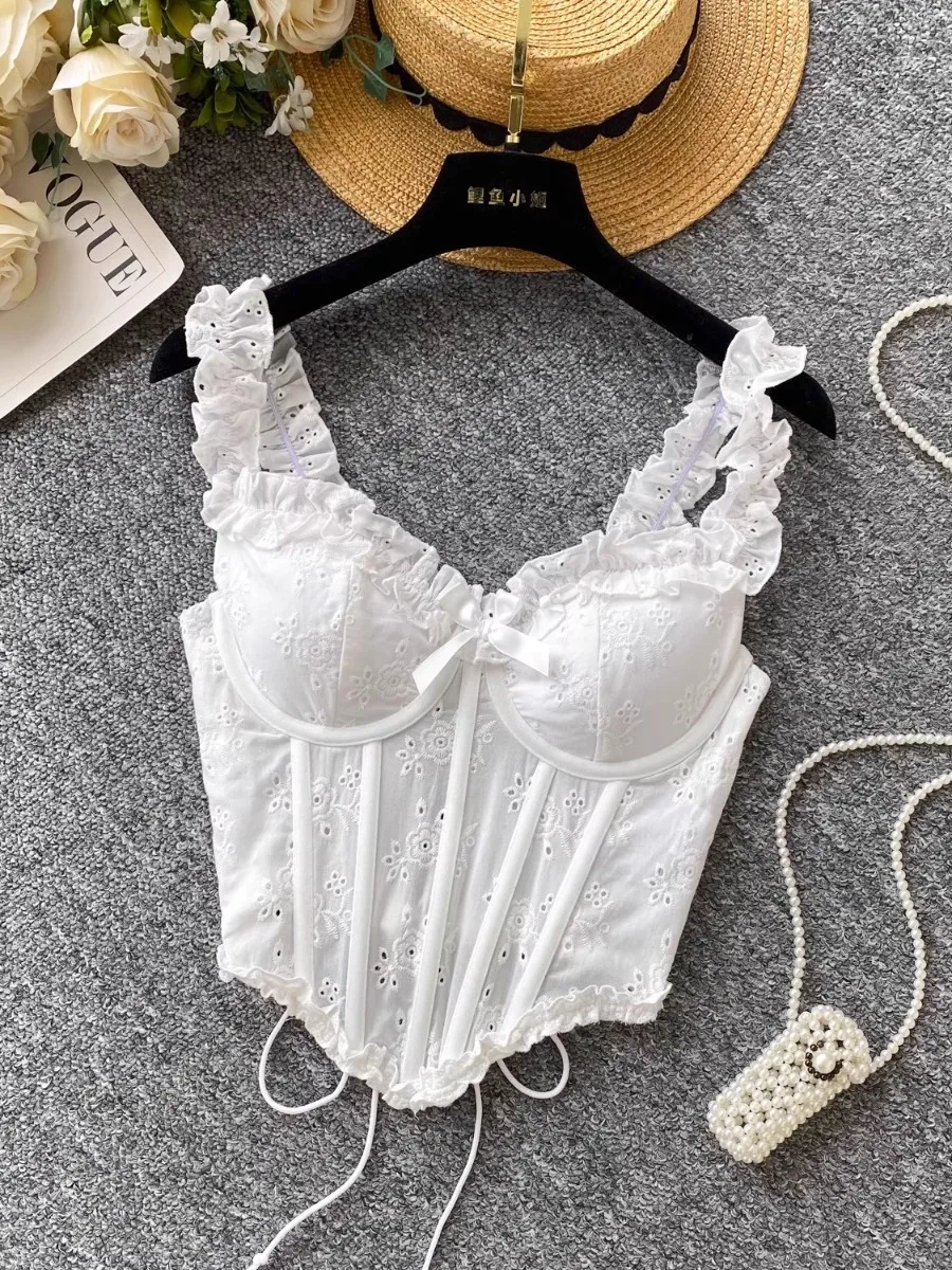 

Foamlina French Sweet Heavy Work Cutout Embroidered Halter Top Women Summer New Hot Girl's Fishbone Slim Fit corset Bustier