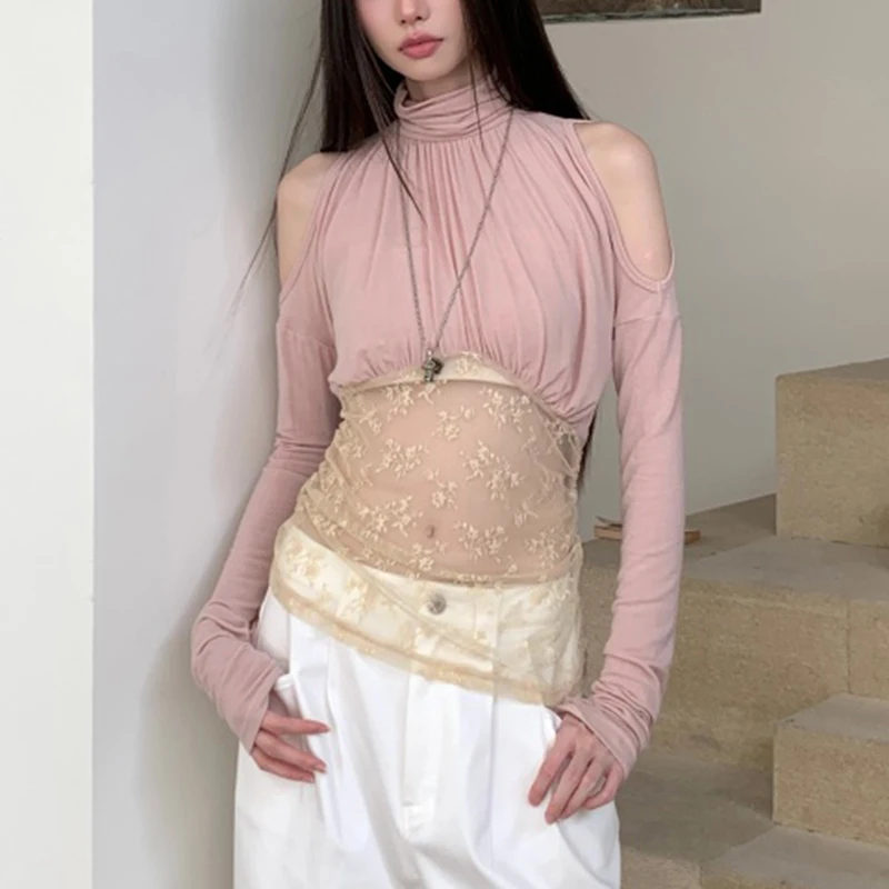 

Сексуальная кружевная ажурная футболка женская с длинным рукавом модные облегающие розовые укороченные топы рубашка женская 2026 новые весенне-летние топы