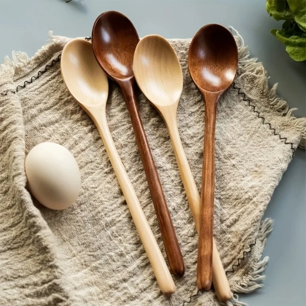 1/2/5pcs Wooden Long Handle Spoon Kitchen Natural Exquisite Wooden Soup Spoon Tableware Cooking Honey Coffee Spoon Mixing Spoon