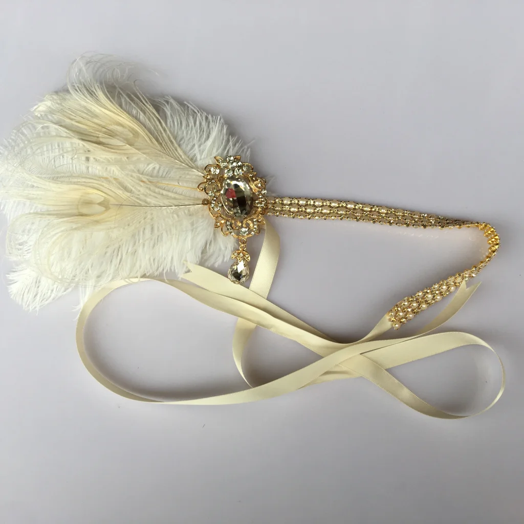 Women Vintage Feather Headband White Rhinestone Metal Chain 1920s Vintage Gatsby Party Headpiece For Party Carnival Accessories