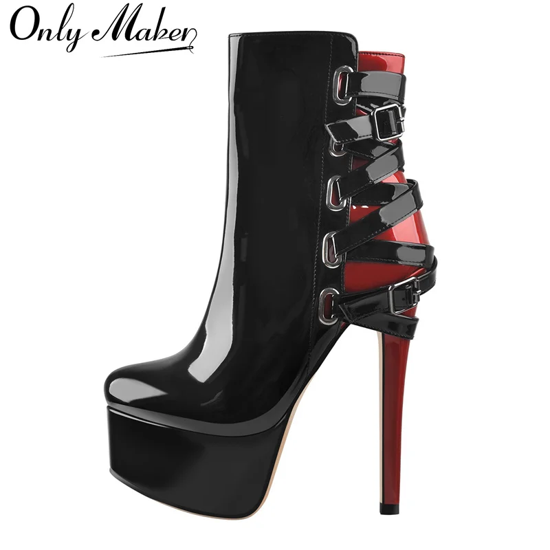 Onlymaker Women Platform Round Toe Ankle Boots Black Red Mixed Square Belt Buckle High Heel Side Zip Patent Leather Booties