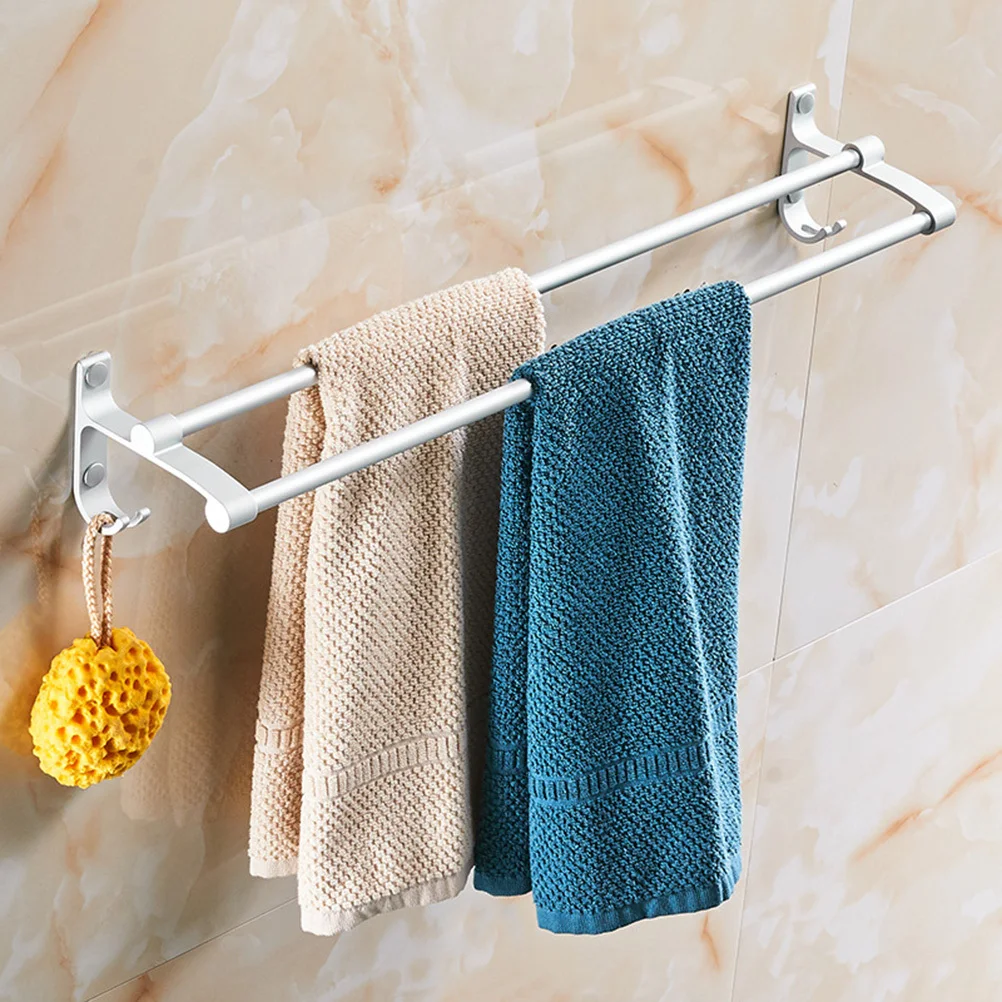 

Silver 50cm Aluminium Alloy Wall Mounted Towel Bar Double Bar Bathroom Shower Sponge Hook Easy Use Towel Rack Bath Sponge Hook
