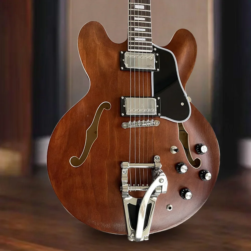 

Free shipping Classic Matte Brown Vintage Design Guitar Double F-hole Hollow Body Electric Guitar Warm Resonant Tone