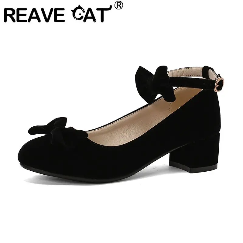 REAVE CAT Janes Pumps 32 33 Round Toe Block Heels 5.5cm Buckle Strap Bowknot Size 45 46 47 Flock Suede Shoes