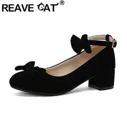 REAVE CAT Janes Pumps 32 33 punta tonda Block Heels 5.5cm cinturino con fibbia Bowknot taglia 45 46 47 scarpe scamosciate floccate