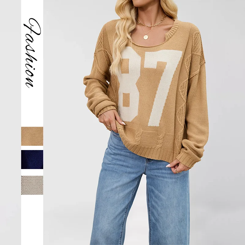 

Новый женский свободный вязаный свитер с длинными рукавами на осень-зиму 2025 года, с цветными блоками и цифровым принтом, круглый вырез, модный трансграничный дизайн