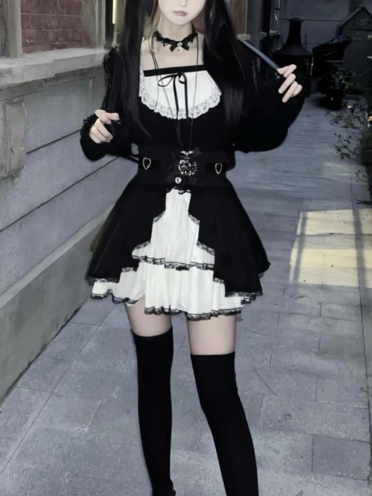 

Japanese Gothic Dark Style Slim 2 Piece Set Women Lace Patchwork Tops + High Waist Cake Skirt New Y2k Fashion Autumn Winter Suit