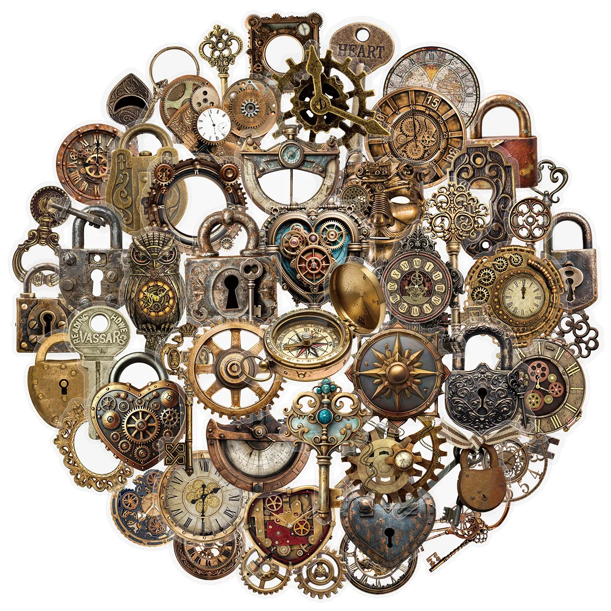 50PCS Steampunk Stickers Vintage Gear Clock Metal Old Objects Material DIY Decorative Notebook iPad Waterproof Stickers Kids Toy