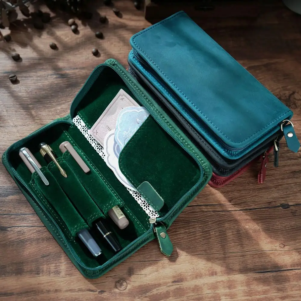

Top Layer of Cowhide Cowhide Pen Case 3 Slots Card Holder Pen Pouch Zipper Closure Handmade Pen Holder Organizer School Supplies