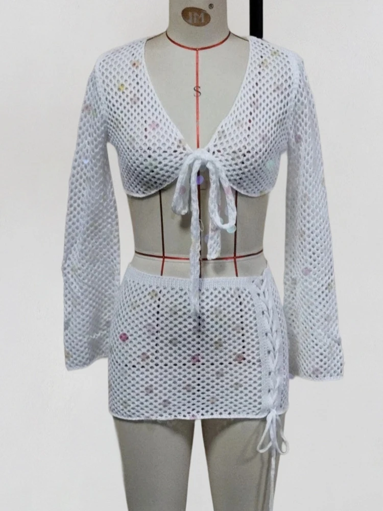 Swimwear Skirt Cover-up 2 Piece Set Women Crop Tops And Mini Skirt Bathing Suit Fashion Solid Hollow Sexy Beach Cover Up Outfits