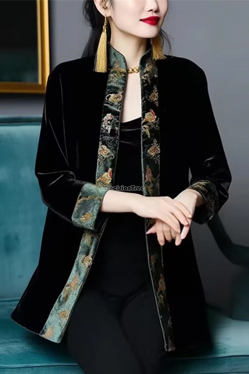 

2025 new women autumn/winter retro chinese style long sleeve patchwork design tang suit blouse velvet elegant long qipao top t1