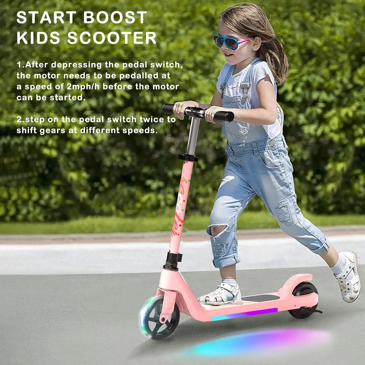 Patinete eléctrico para niños de 6 a 10 años, patinete Kick-Start Boost con velocidad y altura ajustables, rueda flash y luces de cubierta