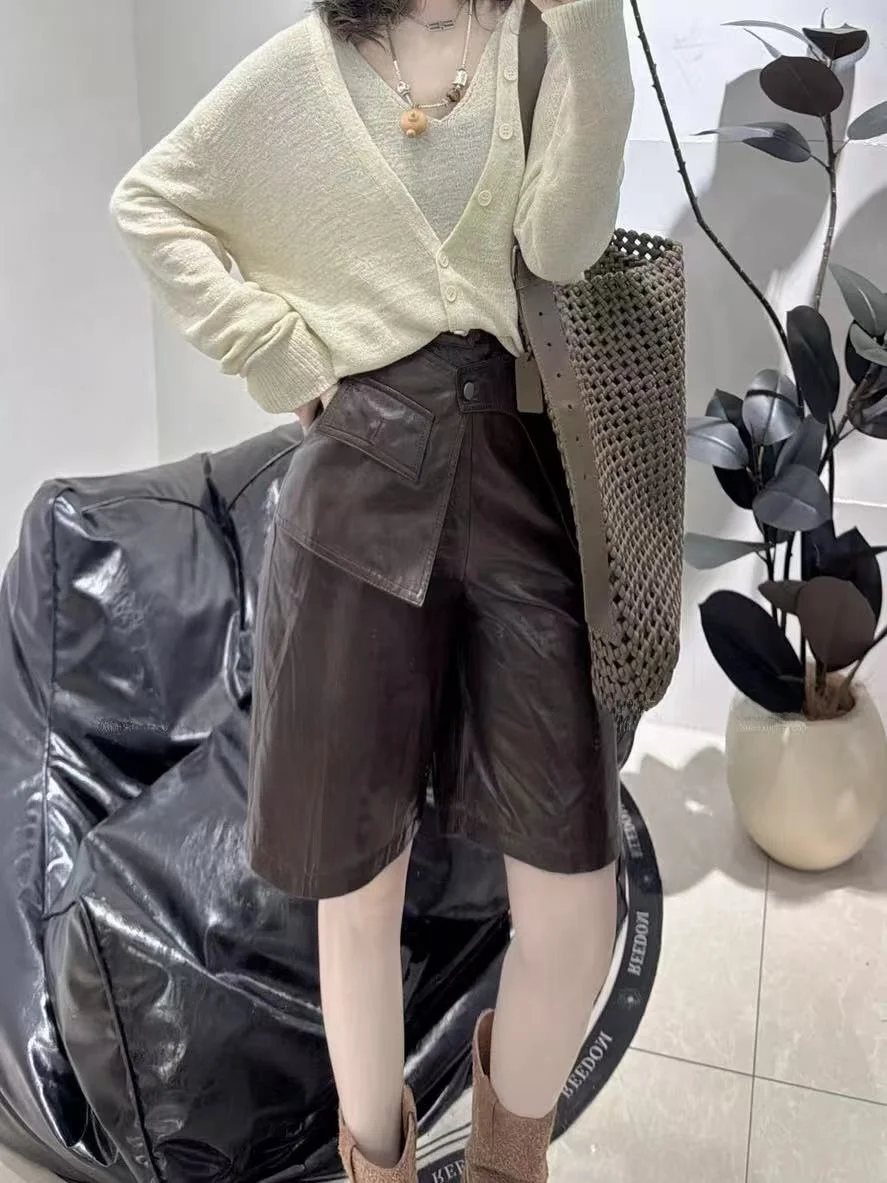

2025 New Women's High Waist Wide Leg Leather Pants Five-Quarter Length Casual Commute Sle Faionable Versatile Loose Fit