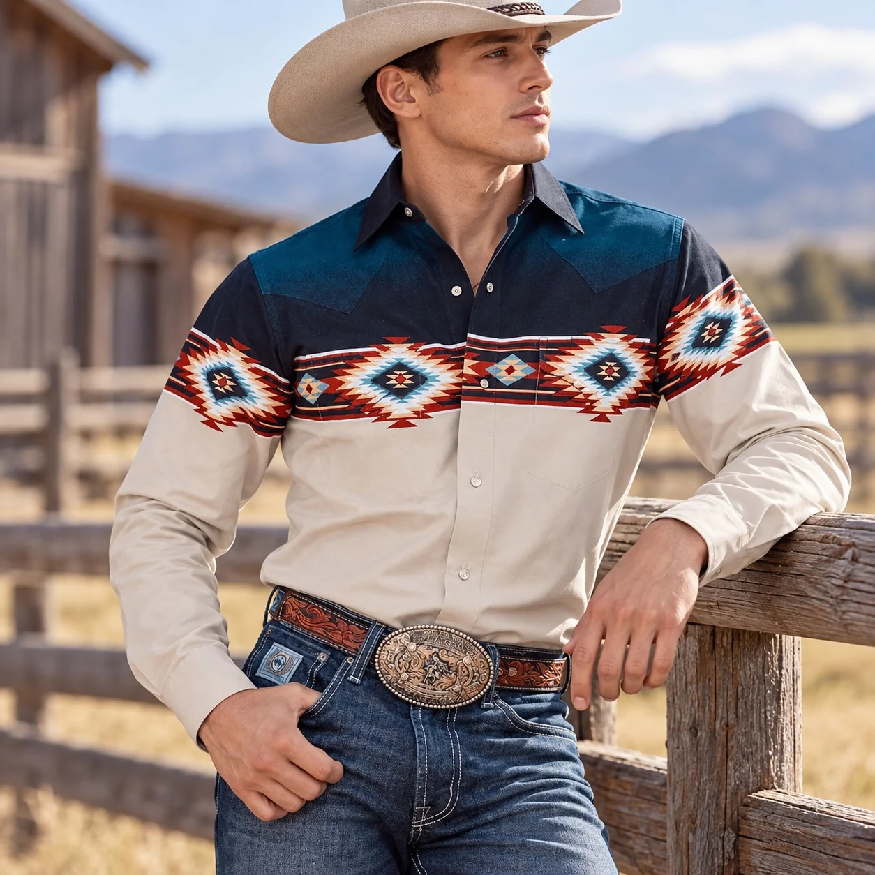 Printed Open Front Long Sleeve Shirt Regular Fit Ethnic Style with Striped Pattern Notched Collar All Season Spring Men Shirts