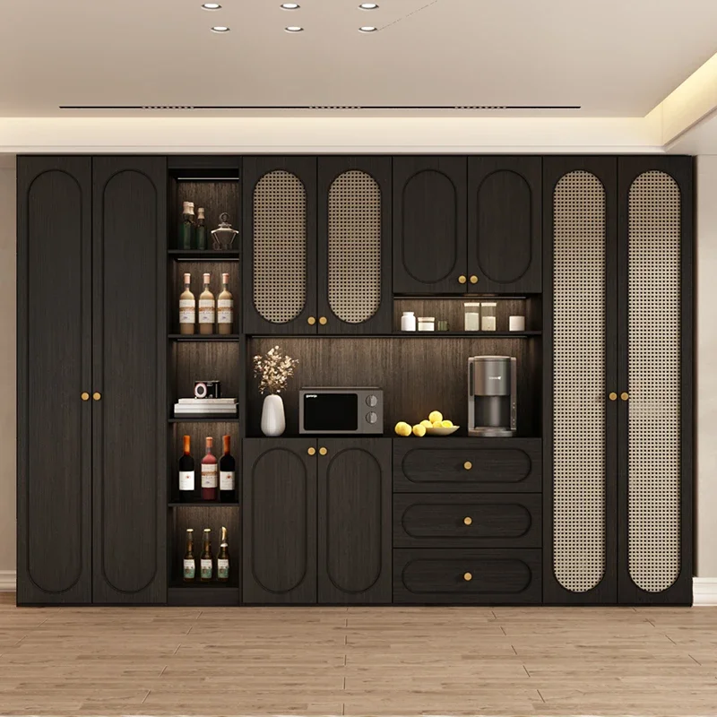 new medieval wine cabinet dining side cabinet integrated solid wood rattan display cabinet black walnut living room vertical