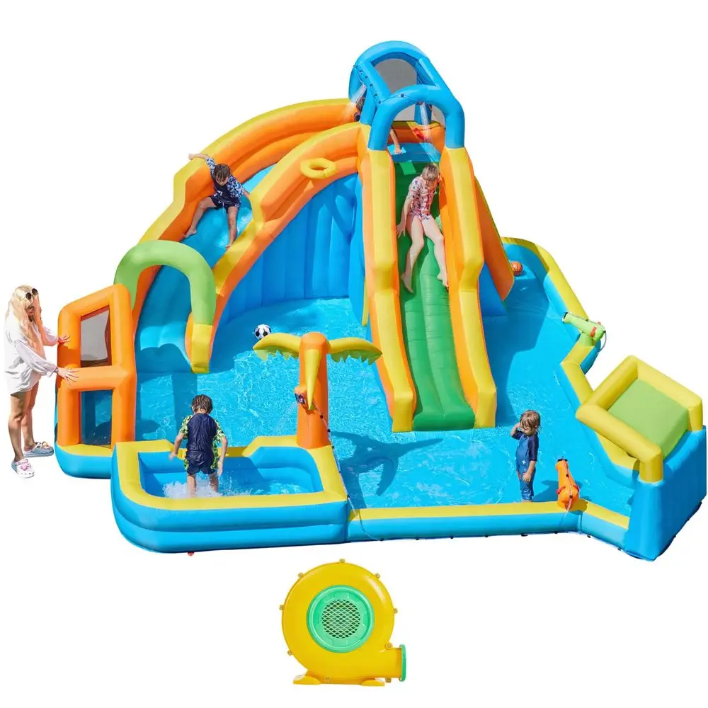 

Inflatable Water Slide w 2 Long Slides amp Large Climbing Wall amp Small Deeper Pool amp Awning, 11in1 Outdoor Blow Up Water Sl