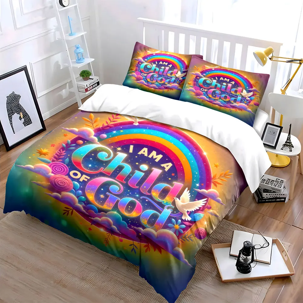 Child of God, rainbow and doves Duvet Cover Set with 3D Printing Design Soft Polyester Bedding Set All-Season Comfort for gifts