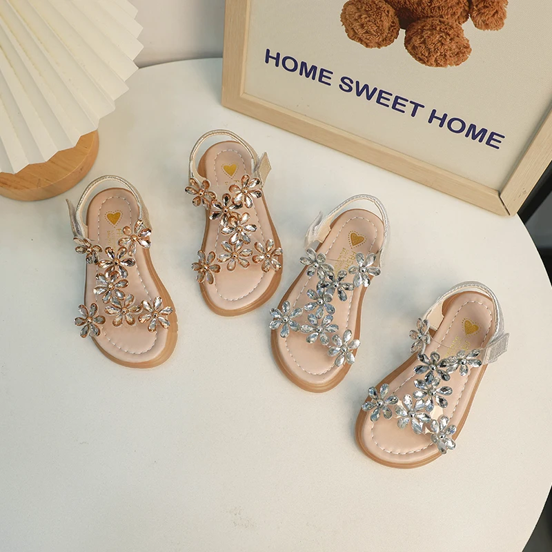 2024 Summer Girls Sandals Flower Crystal Princess Shoes Kids Fashion Rhinestone Beach Children Anti-slip Ankle Strap Shoe