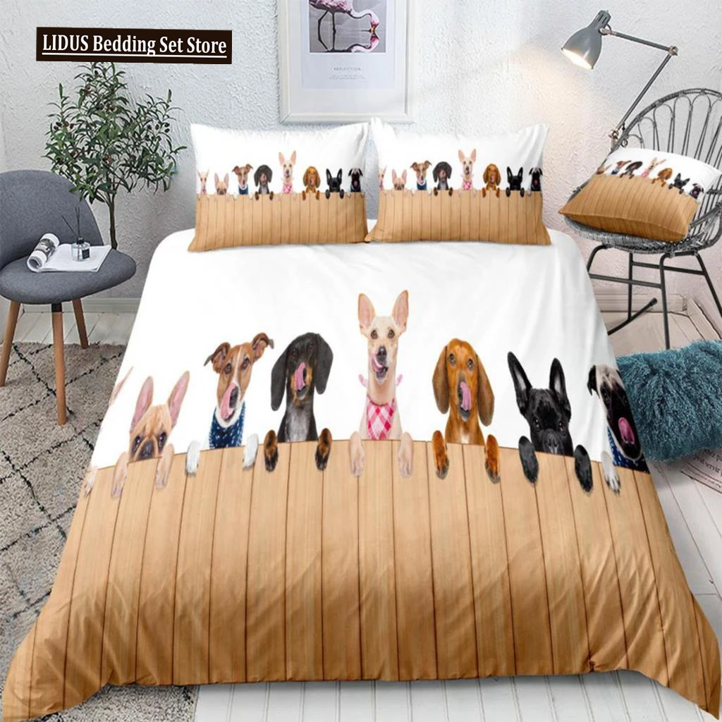 

Dogs Bedding Set Animal Duvet Cover Set For Boys Board Bed Set Microfiber Quilt Cover Queen White Background Cute Pet Bed Cover