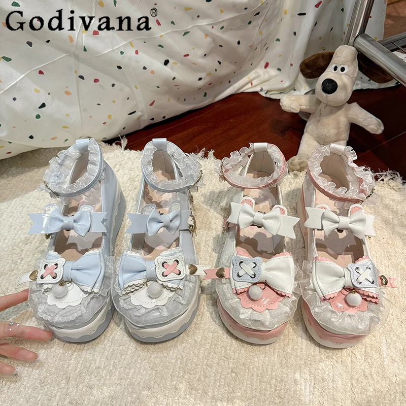 여성용 새 리본 두꺼운 밑창 싱글 슈즈 로리타 일본 스타일 스윗 슈즈 봄 메리 제인 JK 가죽 신발