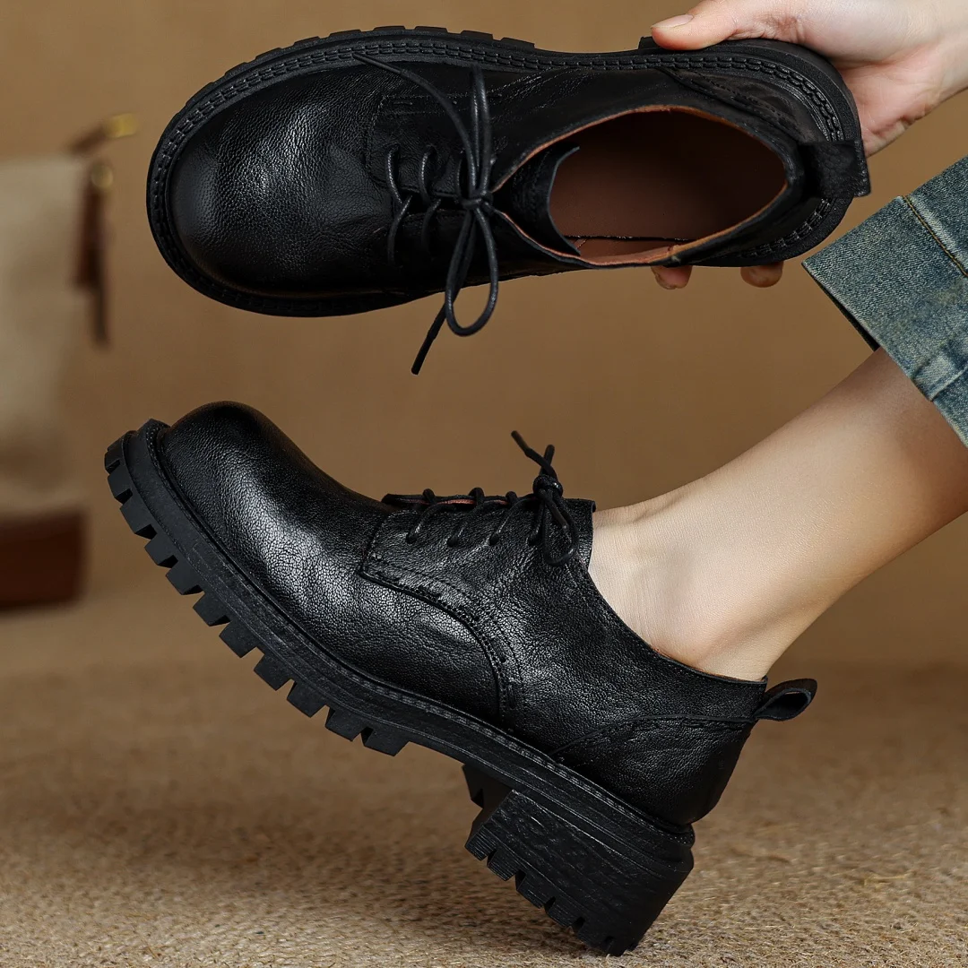 

Women's sheepskin round toe lace-up thick sole platform flats oxfords high quality soft comfortable casual daily shoes for woman