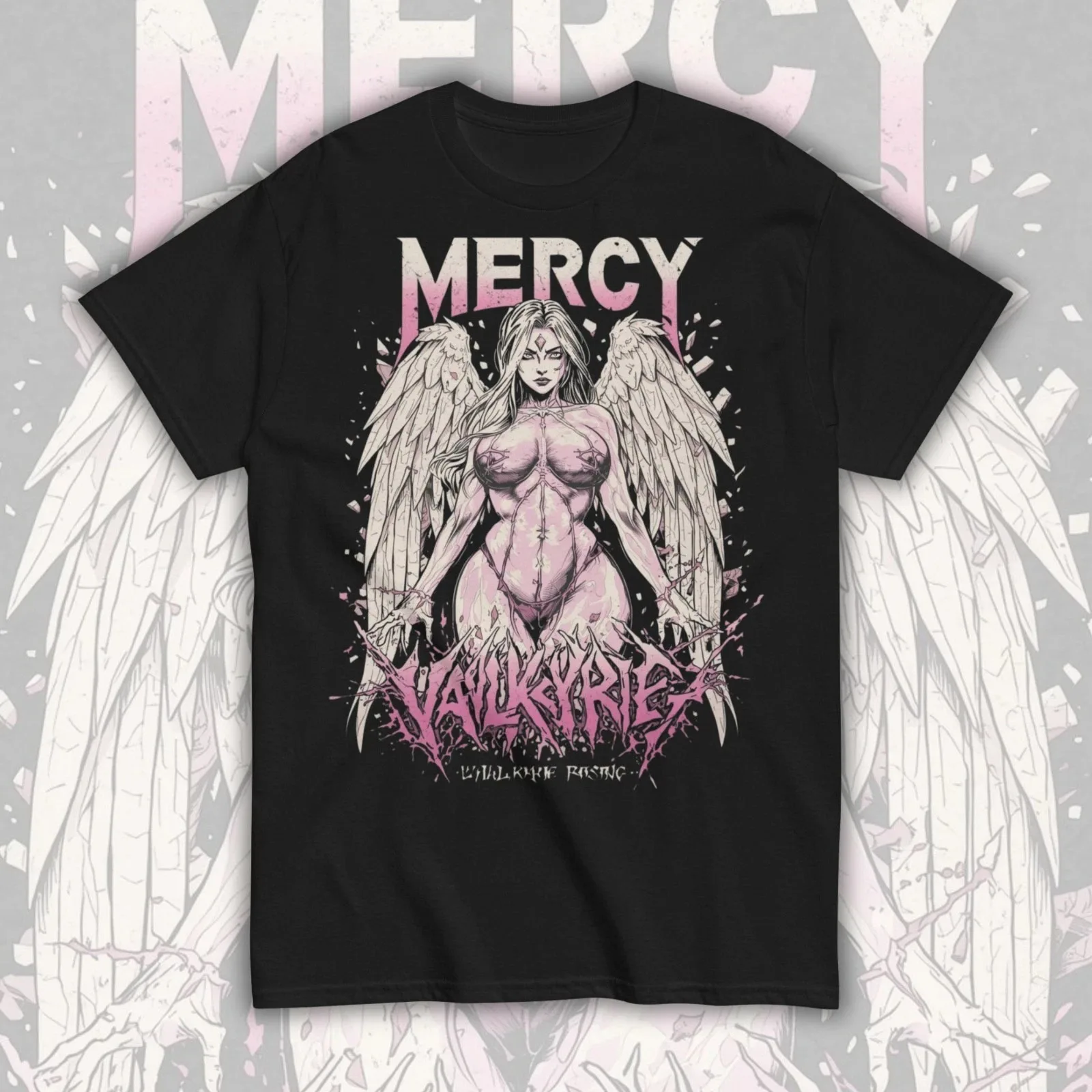 Mercy Game Pink Valkyrie Wings Graphic T-Shirt Cotton Men Women Streetwear Tee