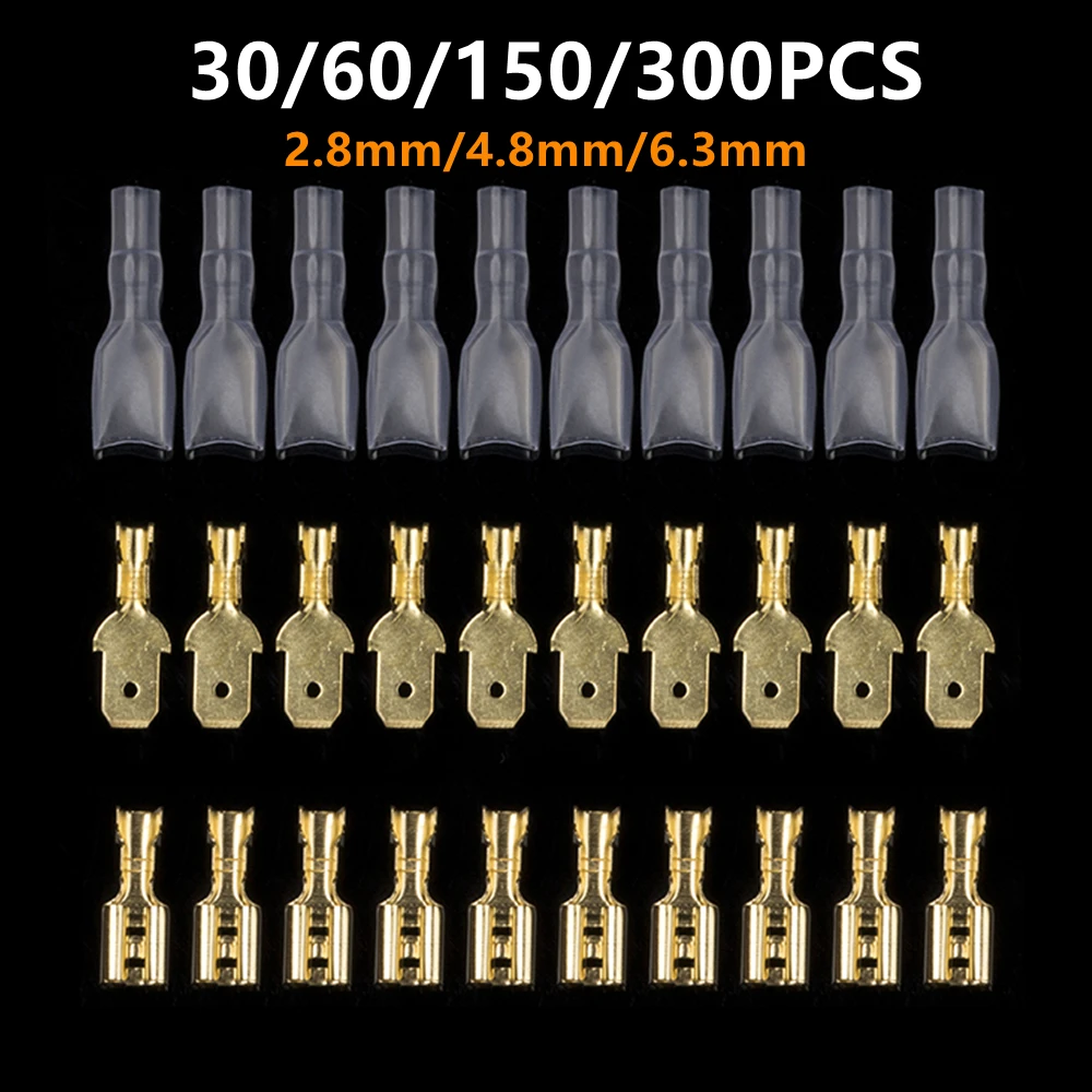 30/60/150/300PCS 2.8mm/4.8mm/6.3mm Male Female Spade Crimp Terminal Electrical Sleeve Wire Connector for 22-16 AWG 0.5mm2-1.5mm2