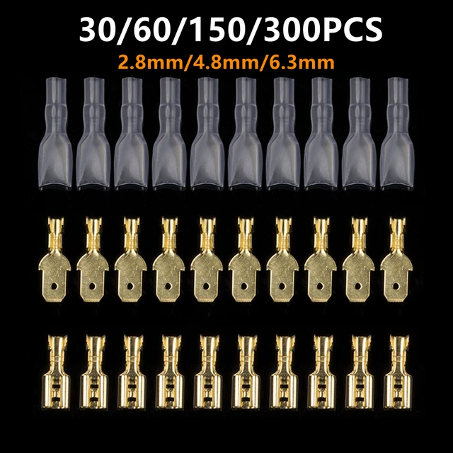 30/60/150/300 SZT. 2.8mm/4.8mm/6.3mm Złącze Elektryczne Końcówka Widełkowa Męska/Żeńska z Osłonką do Zaciskania Przewodów 22-16 AWG 0.5mm2-1.5mm2
