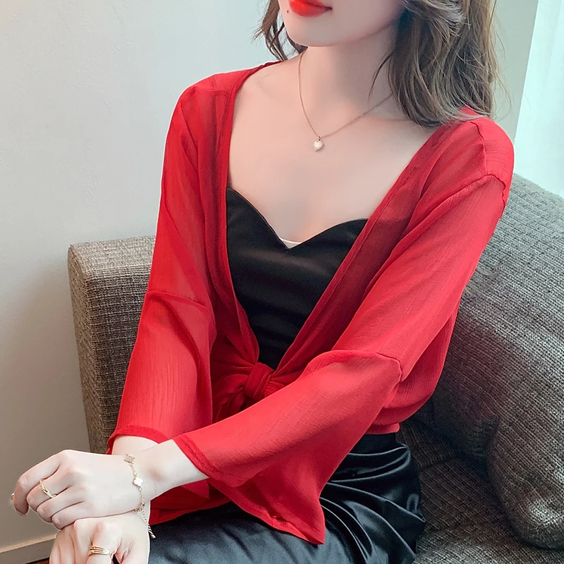 Women's Tie-Front Thin Sheer White Red Navy Blue Chiffon Shirts Elegant Ladies Flare-Sleeve Shrug Top Summer Boho Short Cardigan