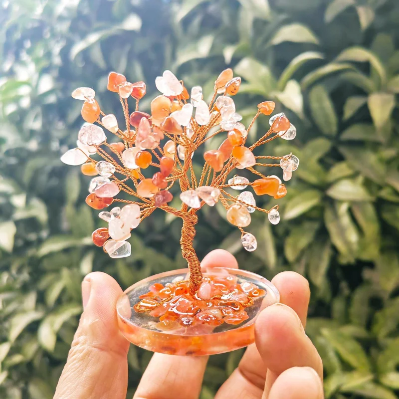 Natural Colorful Raw Crushed Stone Handmade Woven Yellow Crystal Money Tree Home Craft Ornament