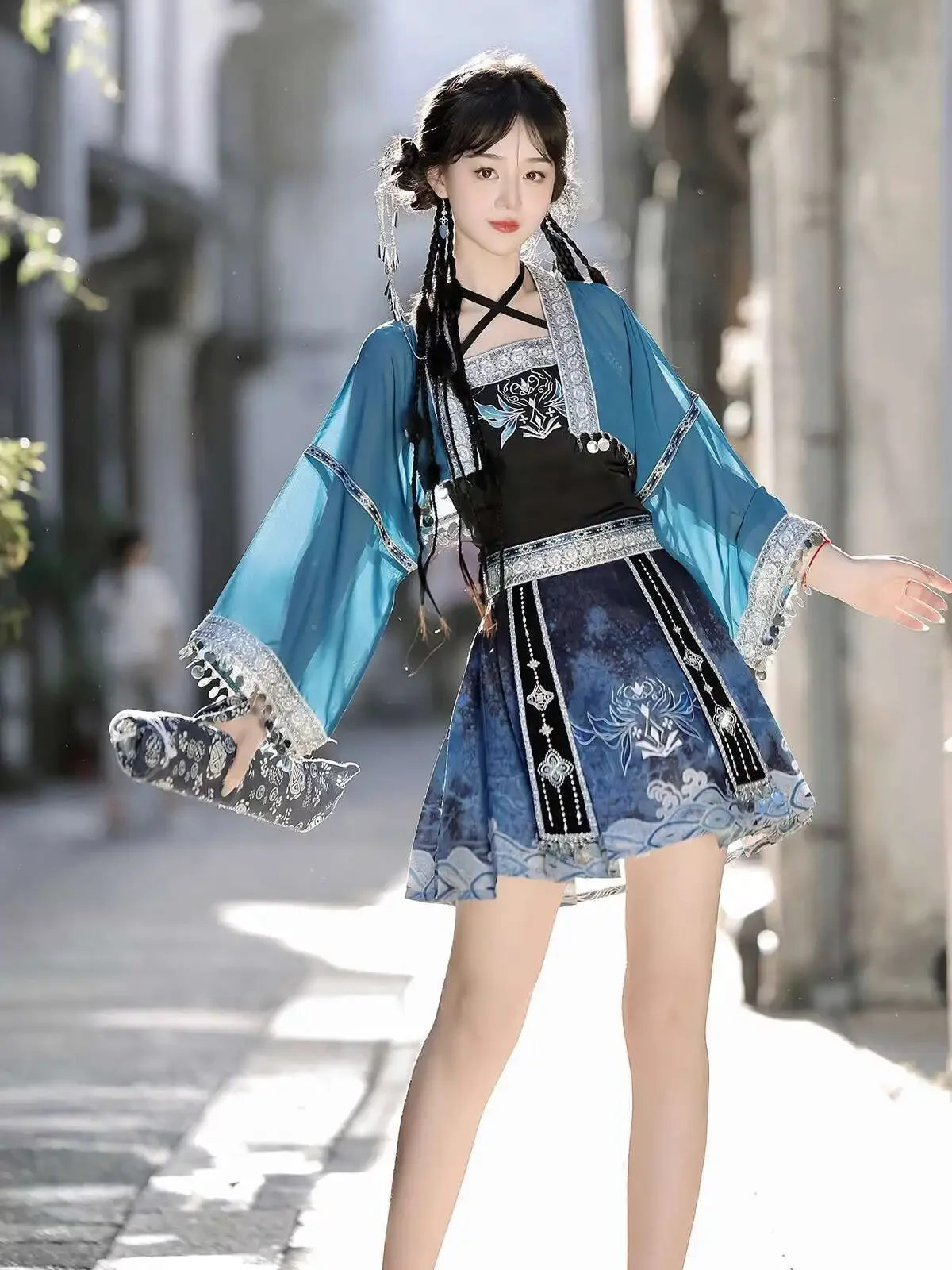 أزياء مياو النسائية ذات الطراز العرقي التنكري تنورة قصيرة Hanfu-Influence الانصهار الثقافي الصيني موضة للإناث #3