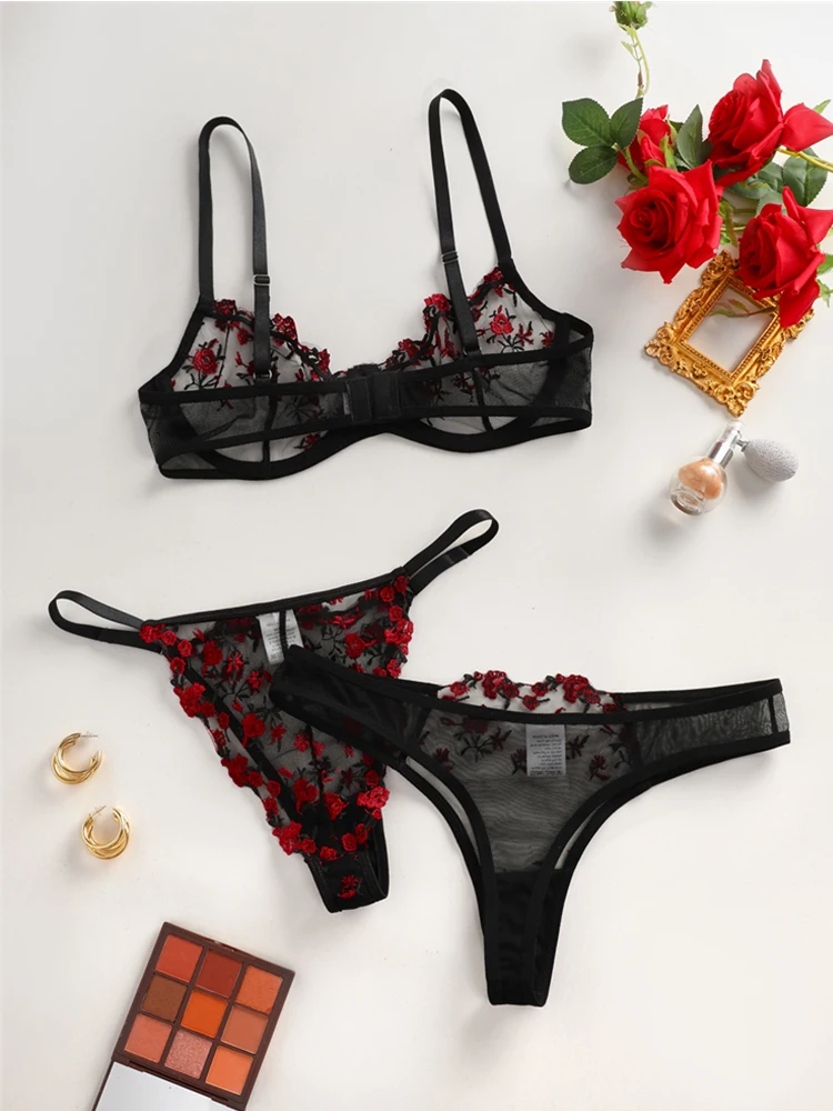 Floral Embroidery Lingerie Set See Through Tulle 3 Pieces Ensemble Underwear Holiday Romantic Sexy Lingerie Sweet Girl Intimates