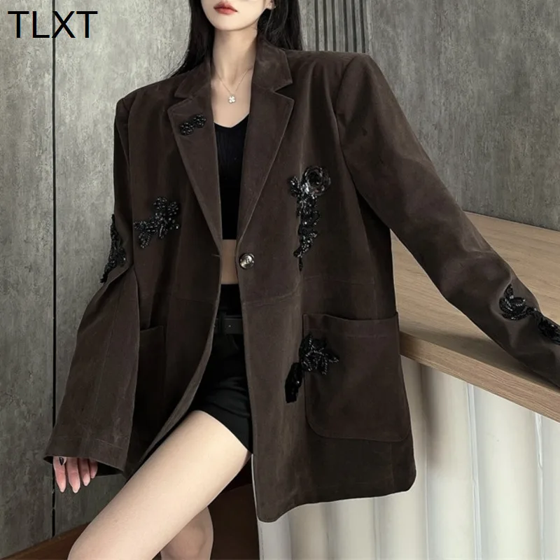

TLXT Women's Contrast Color Designer Suit Notched Beaded Single Breasted Vintage Coats 2025 Spring New XK1028