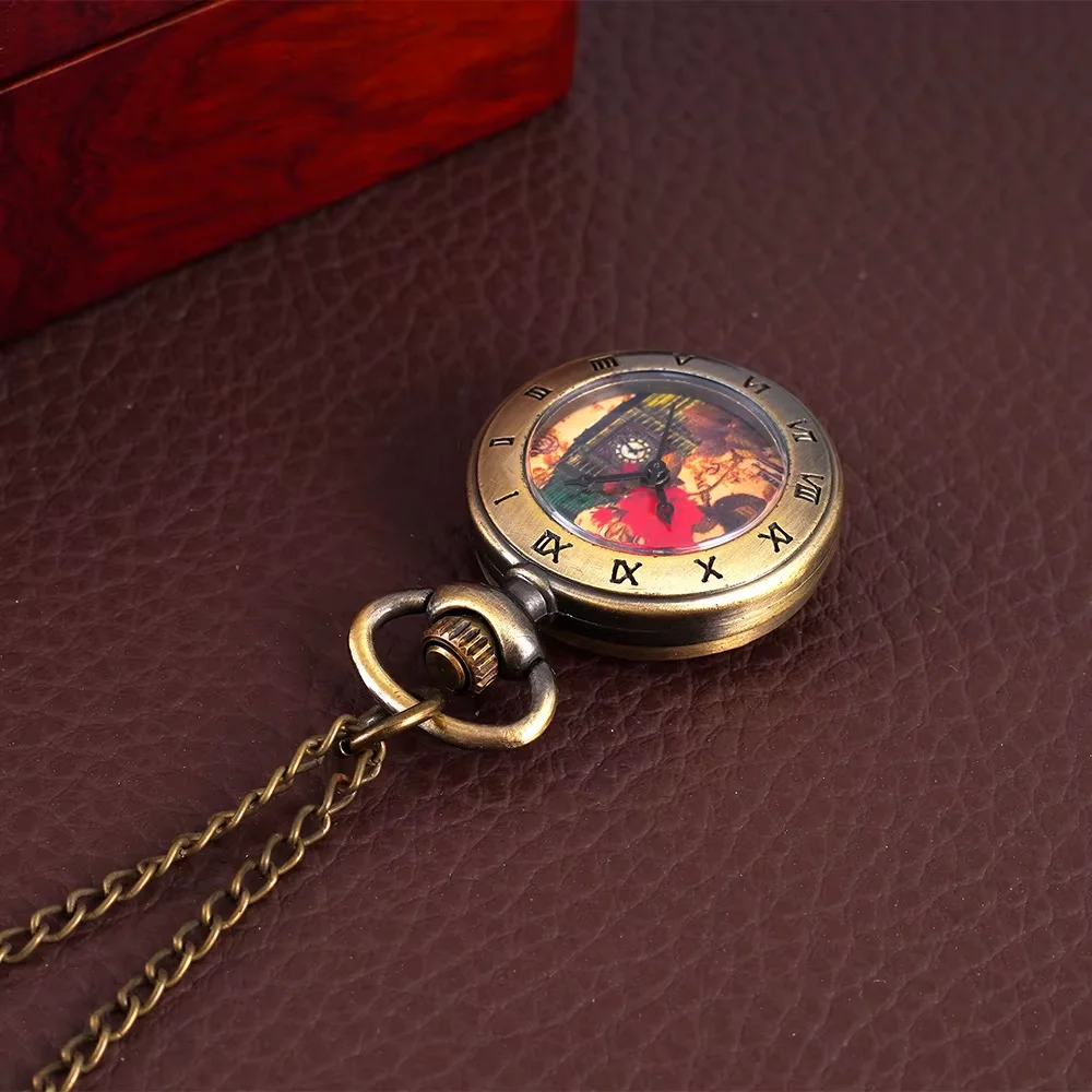 Bronze single case quartz Watch Roman scale clock tower and flower pattern pocket watch necklace wall watch