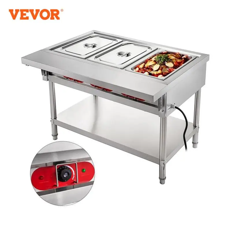 VEVOR Electric Steam Table Food Warmer Stand Stainless Steel Foldable for Restaurants Canteens Catering Holding Food Commercial