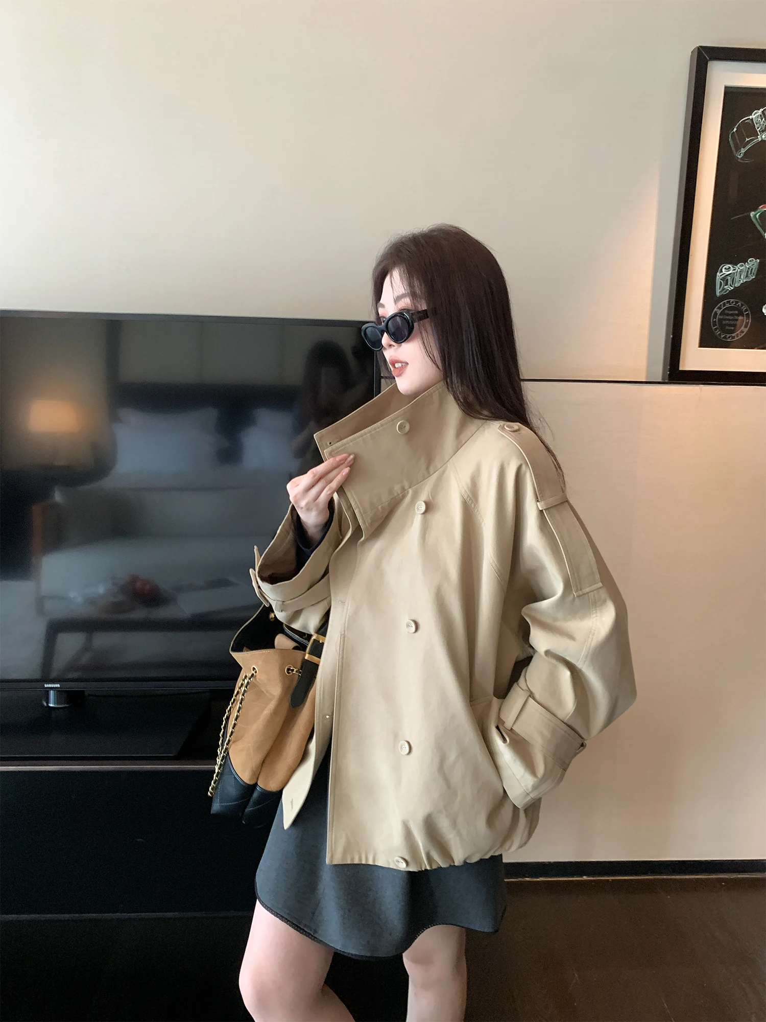 

NAZ plus Size Cotton Plaid ort Sle Faionable Jaet Korean Loose Fit Long Sve Stand Collar Double Button Autumn Coat